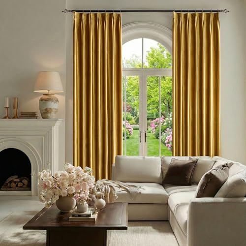 Gold Velvet Pinch Pleated Curtains: Luxury Living Room 108 Inches Long 2 Panels Set Darkening Thermal Insulated Drapes with Hooks- Elegant Soundproof Noise Reducing Back Tab Window Curtain for Bedroom - color: Pinch Pleated | Gold, size: 40"W x 108"L (Pac