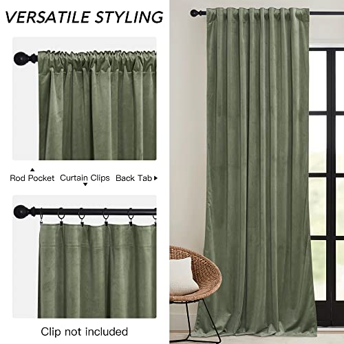 RYB HOME Sage Green Velvet Curtains for Bedroom Living Room | Thermal Insulated, UV Heat Blocking, Luxury Drapes, Nursery Dining Room, W52 x L100, 2 Panels, Rod Pocket/Back Tab/Hook Belt - color: Sage Green, size: 52"W x 100"L (Pack of 2)