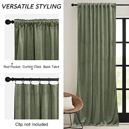RYB HOME Sage Green Velvet Curtains for Bedroom Living Room | Thermal Insulated, UV Heat Blocking, Luxury Drapes, Nursery Dining Room, W52 x L100, 2 Panels, Rod Pocket/Back Tab/Hook Belt - color: Sage Green, size: 52"W x 100"L (Pack of 2)