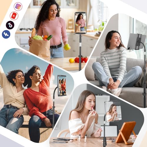 Aureday Adjustable Tripod Stand, 67” Height, Tablet Holder for iPad mini/Air/Pro, Kindle, Switch, Smartphones, 4.7”-12.9” Devices - color: Black