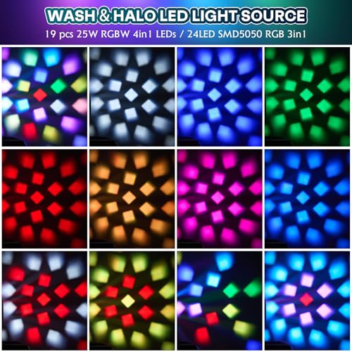Zoom Moving Head DJ Light 19x25W RGBW Bee Eye LED Stage Lights Beam Wash Halo 8000K DMX 512/Sound/RDM Professional DJ Lighting for Party Live Show Wedding