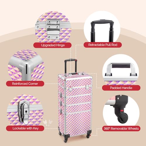 mefeir 4-in-1 Rolling Makeup Train Case Lift Handle,4 Removable Wheels Lockable Keys,Aluminum Cosmetic Trolley Beauty Stylist Artist Organizer Box,Ideal Xmas New Year Gift (Diamond Pink) - color: Diamond Pink