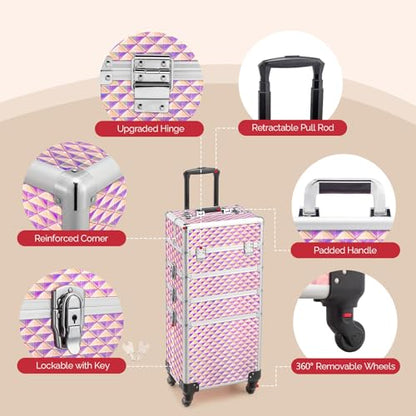 mefeir 4-in-1 Rolling Makeup Train Case Lift Handle,4 Removable Wheels Lockable Keys,Aluminum Cosmetic Trolley Beauty Stylist Artist Organizer Box,Ideal Xmas New Year Gift (Diamond Pink) - color: Diamond Pink