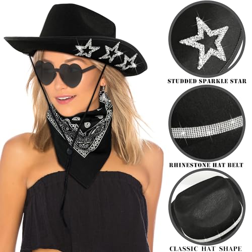 GIFIKOI Cowgirl Outfits Star Cowboy Hat Sparkly Boots Earrings Bandana Sunglasses for Women Western Costume Accessories - color: Black