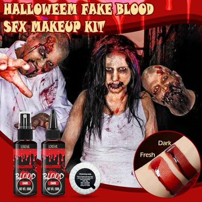 3PCS Halloween Fake Blood Makeup Kit, Fake-Blood Spray 50ML + Dripping Blood 50ML + Cleansing Soap, Fake-Blood Washable for Clothes Face Zombie Monster Vampire Cosplay SFX Makeup (Dark + Dark) - color: Dark + Dark (3PCS Kit)