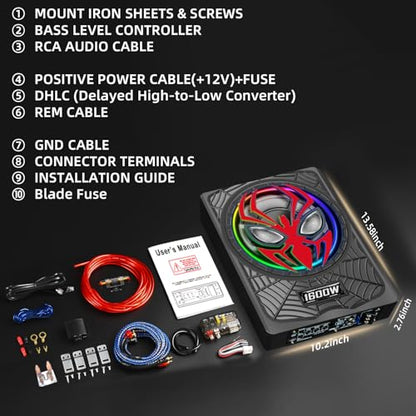 2026 Upgraded 1600W Car Subwoofers, 10" Ultra-Thin Powered Under-Seat Subs with Built-in Amplifier, (LPF/Gain/Bass Boost) RGB Ambient Lights, Independent Bass Knob, High Output Distortion-Free Audio - color: Red MJHS