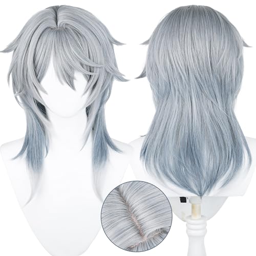 Anime Gray Blue Wig Fantasy Western Priest, Angel Style Halloween | Men Long Straight Wig Layered Haircut Christmas,Comic con Heat Resistant Fiber Wig Breathable Rose Mesh Inner Free Cap - color: Gray