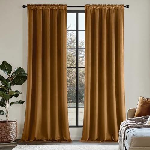 MIULEE Golden Brown Velvet Curtains 84 Inch Long 300GSM, 2 Panels | Luxury Super Soft, Thermal Insulated, Room Darkening Drapes, Rod Pocket Design, Window Curtains for Bedroom Living Room - color: Golden Brown, size: 40"W x 84"L (Pack of 2)