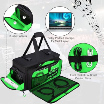 Large Dj Cable Bag with Detachable Dividers, Bottom Pad | Dj Bag for Equipment and Accessories with Laptop and Microphone Pocket, Dj Gig Bag for Musician, Professional, Travel, Green - color: Green, style: Dj Cable Bag
