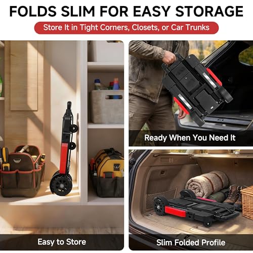 Folding Hand Truck Dolly, 220 lb Portable Utility Cart | with Expandable Base, 3 Adjustable Heights, 5-Wheel Collapsible Luggage Cart with 2 Ropes for Moving, Office and Travel