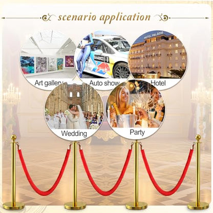 4PCS Red Velvet Stanchion Rope 5 Ft Crowd Control Ropes Barrier with Gold Hooks for Party - color: Red&Gold, size: 4PCS