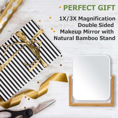 LFOYOU Vanity Makeup Mirror with Natural Bamboo Stand, Double Sided 360 Degree Swivel Magnifying Mirror, Tabletop Magnified Make up Mirror for Bathroom or Bedroom 8 Inch - size: 8"L x 7.1"W