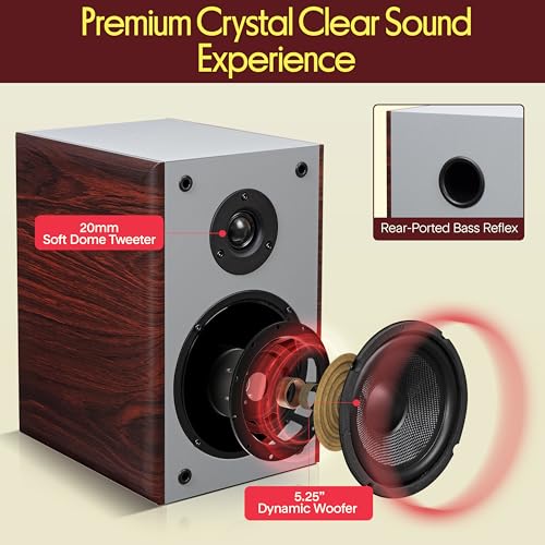 Pyle 5.25” Wired Bookshelf Speakers Pair – 2-Way HiFi Stereo Home Theater Speakers with Silk Dome Tweeter, Woven Woofer, Magnetic Grille and Wall Mount Brackets, Cherry Finish - color: Cherry, size: 5.25 inch