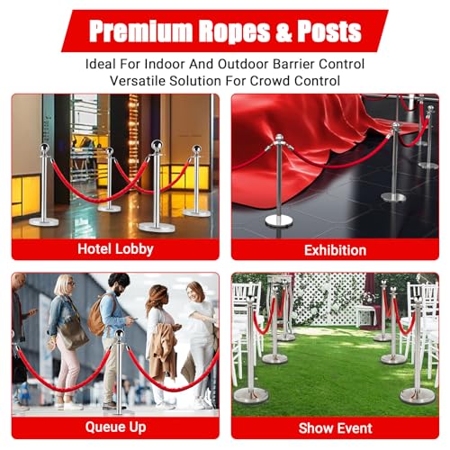 8 Pack Crowd Control Stanchions with Velvet Ropes for Wedding Hotel Party | 8 stainless steel posts + 4 velvet ropes. Sand/water-fillable bases for stability. Perfect for weddings, hotels, galas. - size: 8 Pack