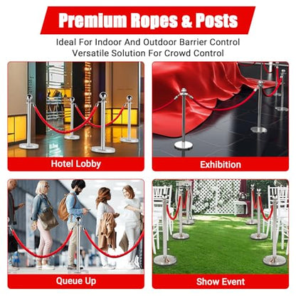 8 Pack Crowd Control Stanchions with Velvet Ropes for Wedding Hotel Party | 8 stainless steel posts + 4 velvet ropes. Sand/water-fillable bases for stability. Perfect for weddings, hotels, galas. - size: 8 Pack