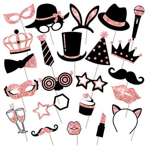 Zonon 24 Pcs Funny Photo Booth Props Set Black Gold Birthday,Rose Golden | Props for Wedding, Disco, Class Reunion Prom, Includes Mustache, Hats, Glasses, Ties, Lips, Crowns, Fun Party Accessories - color: Rose Golden