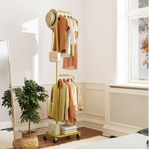 Small Rolling Clothing Rack with Shelf,Narrow Gold Clothes Rack with Wheels | Gasvadivum 71" Tall Sturdy Metal Garment Rack with Hanging Rod, Freestanding Portable Coat Rack for Bedroom, Entryway - color: Gold