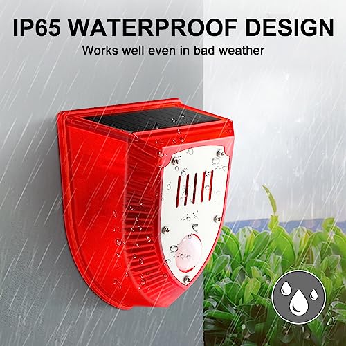 Qualirey 4 Pcs Solar Alarm Motion Detector with Sound Outdoor Motion Sensor 129db Barking Dog Strobe Light Gunshot Sound Alarm Detector Noise Maker Warning Lamp for Home Villa Yard Farm