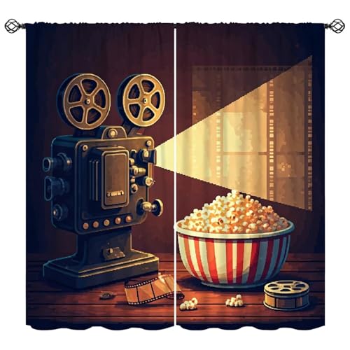 Vintage Movie Theater Curtains Pixel Gaming Style Movie Camera Popcorn Blackout Window Treatment for Home Theater Living Room Kids Bedroom Cafe Decor Window Drapes 42" W X 45" L - color: Style-4, size: 20.5"W x 44.5"L (Pack of 2)