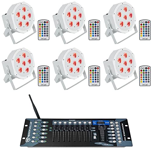 Rockville Battery PAR 6RF White LED Wash Light 6-Pack with DMX Controller | Up to 15-Hour Rechargeable Battery, RGBWA+UV, Wireless DMX, 6 RF Remotes, ROCKFORCE W2 192-Ch Controller, 7-Items