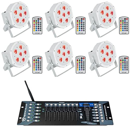 Rockville Battery PAR 6RF White LED Wash Light 6-Pack with DMX Controller | Up to 15-Hour Rechargeable Battery, RGBWA+UV, Wireless DMX, 6 RF Remotes, ROCKFORCE W2 192-Ch Controller, 7-Items