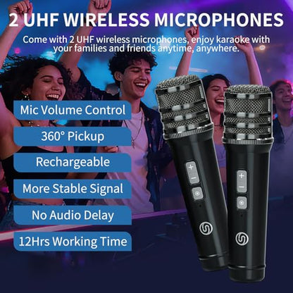 120W Peak Powerful Voice Amplifier with 2 UHF Microphones, Bluetooth Speakers with Bass/Trable/Echo Adjustment, Small PA Speaker System, Karaoke Machine for Adults, Teachers, Public Speaking, Events - color: Black