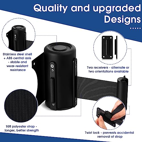 Thyle 2 Pieces Wall Mounted Retractable Belt Barrier Wall Mount Caution Belt with 10 Feet Black Belt Crowd Control Barriers Rope Safety Barriers for Indoor Outdoor Grocery Retail Store Stadium School