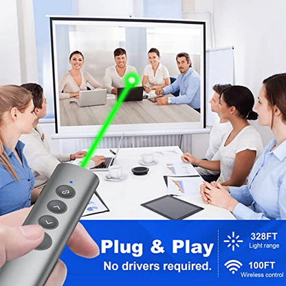 Aluminum Alloy Presentation Clicker with Green Laser Pointer | 2‑in‑1 USB/Type C Receiver Wireless Presenter Remote PowerPoint Clicker for Computer Laptop/PPT/Google Slides/Windows/Mac - style: Metal 02 Green Laser