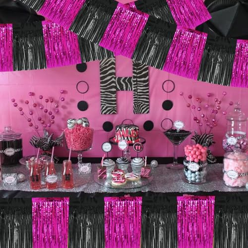 BEISHIDA Hot Pink Fringe Garland Banner 30ft Wall Tinsel Foil Streamers - color: Black Hot Pink