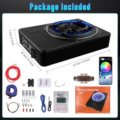 10 Inch Slim Under Seat Powered Car Subwoofer, 1200W Peak Active Subwoofer with Color LED Ambient Light, Built-in Amplifier and Remote, Car/Truck Audio Bass System - color: 10" 1200W Colorful Skull