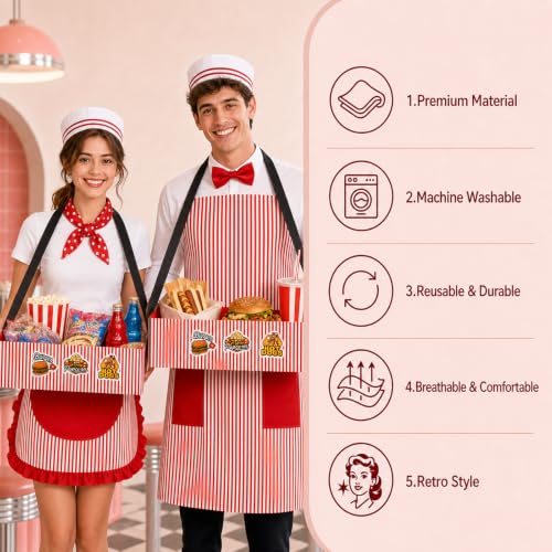Adult 1950s Waiter Costume Kit for Men Women | Movie Night Worker Costume Set with Red & White Striped Apron Hat Bow Tie Polka-dot Scarf for Halloween 1950s Party Cosplay - color: Red - 10pcs