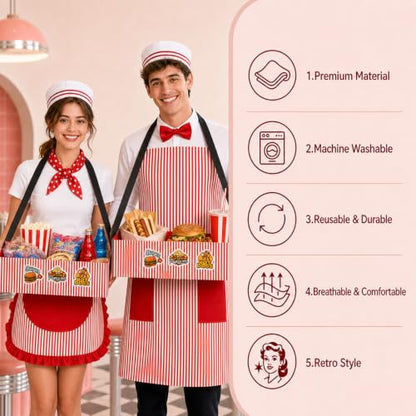Adult 1950s Waiter Costume Kit for Men Women | Movie Night Worker Costume Set with Red & White Striped Apron Hat Bow Tie Polka-dot Scarf for Halloween 1950s Party Cosplay - color: Red - 10pcs