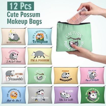 Reginary 12 Pcs Funny Possum Gifts Possum Makeup Bag Cosmetic Bag for Women | Opossum Double Sided Print Polyester Zipper Pouches, Cute Novelty Travel Bag, Christmas Birthday Funny Gift for Women Friend - style: Possum