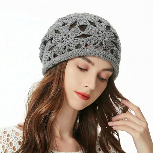 ZLYC Women Cotton Crochet Slouchy Beanie Hat Handmade Knit Summer Skull Cap | Lightweight breathable,boho casual chic look,travel photos festival party,café commute daily wear,beach concert gathering - color: Crochet Grey