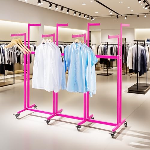 Floor Standing Metal Garment Rack - Heavy Retail Display Racks With Wheels | 8 Arms Clothing Rack, Square Tubing Portable Shirt Rack, Merchandise Display RackFor Hanging Clothes (L-Pink) - color: L-Pink