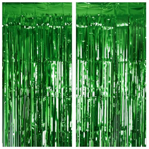 PIGETALE 2 Pack 3.2Ft x 8.2Ft Green Tinsel Curtain Party Backdrop | Metallic Tinsel Foil Fringe Curtains Photo Booth Props Background Christmas St Patrick’s Day Safari Tropical Decorations - color: Metallic Gren