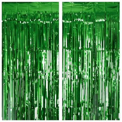 PIGETALE 2 Pack 3.2Ft x 8.2Ft Green Tinsel Curtain Party Backdrop | Metallic Tinsel Foil Fringe Curtains Photo Booth Props Background Christmas St Patrick’s Day Safari Tropical Decorations - color: Metallic Gren