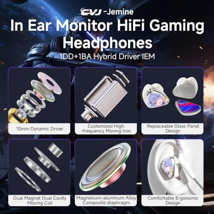 CVJ Jemine Wired IEM Earbuds for Gaming/Music, Deep Bass in Ear Monitors | Anime Ear Buds, 1DD+1BA Hybrid Driver, 3.5mm jack, Detachable 4.1ft Cable for PC/Phone/Laptop/Switch/Xbox/Ps5, No Mic - color: Character, style: no Mic