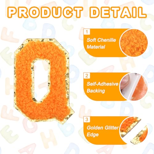 MECCANIXITY Chenille Letter Patches 2.2" Self Adhesive Alphabet Q Stick on Embroidered Patch Sew on Letter Stickers Applique for Repairing Clothing Jeans Shoes Hats DIY(Orange, Pack of 2) - style: Letter-Q