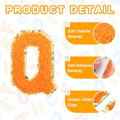 MECCANIXITY Chenille Letter Patches 2.2" Self Adhesive Alphabet Q Stick on Embroidered Patch Sew on Letter Stickers Applique for Repairing Clothing Jeans Shoes Hats DIY(Orange, Pack of 2) - style: Letter-Q