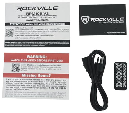 Rockville RPM109 V2 12 Channel Powered Mixer, 7 Band EQ, USB, 48V | 600W RMS at 4 Ohm, 4800W Peak, Bluetooth, USB/SD, 24 Digital Effects, 8 Mic Preamps, Dual SpeakON Output, Dual Fan Cooling