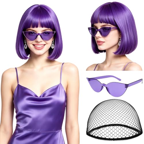 Short Bob Straight Hair Wigs with Bangs, Heat Resistant Fiber Hair, Cat Eye Glasses for Women (Purple) - color: Purple