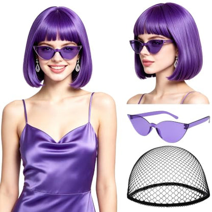 Short Bob Straight Hair Wigs with Bangs, Heat Resistant Fiber Hair, Cat Eye Glasses for Women (Purple) - color: Purple