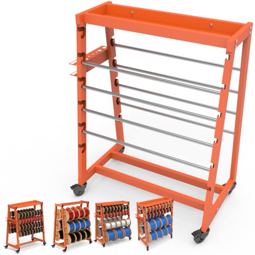 Wire Spool Rack With Wheels Heavy Duty 8-Rod, Portable Cable Caddy Adjustable with Locking Casters, 400lb Capacity, for Electrician, Workshop, Garage, Industrial - color: Orange-8-rod