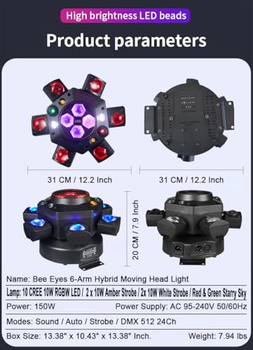 150W 6-Arm Spider Bee-Eye Moving Head LED DJ Light | 4-in-1: 6 moving RGBW beams, 4 center bee-eye wash lights, R/G starry laser, white/amber strobe, sound active, 24CH DMX