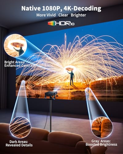 [Official Apps & Live TV & 330° Stand]Smart Mini Projector with WiFi and Bluetooth Ultra-thin, 4K Support Outdoor Movie Projector, Auto Focus, HDR10, Portable 1080P Projector for Bedroom/Home/Celling