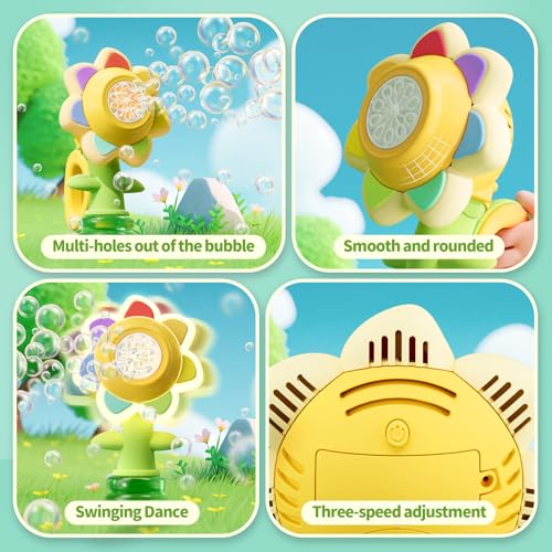 Sunflower Bubble Machine for Kids, 25,000+ Bubbles, 3 Modes, LED Lights | Handheld Automatic Bubble Maker for Toddlers Ages 3+, Outdoor Summer Play, Birthday Party Favor and Gift for Girls and Boys. - style: Yellow