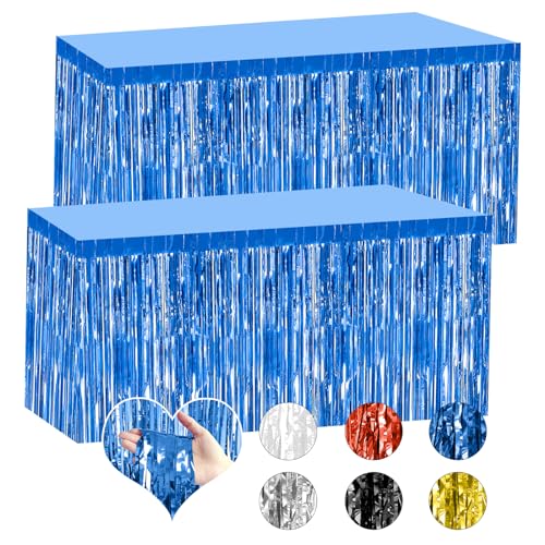 2 Pack 29.5x108 Inch Blue Foil Tinsel Fringe Table Skirts, Disposable Table Skirts for Rectangle Tables Curtains Backdrop Parade Wedding Floats Baby Shower Birthday Mardi Gras Party - color: Blue