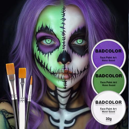 White Green Purple Face Body Paint, Face Painting Kit with Brushes for Beetlejuice & Frankenstein Halloween Makeup, Facepaints for Witch Ursula Maleficent Costume Cosplay & Monster Skeleton SFX Makeup - color: White+Light Green+Light Purple+3Pcs Brushes