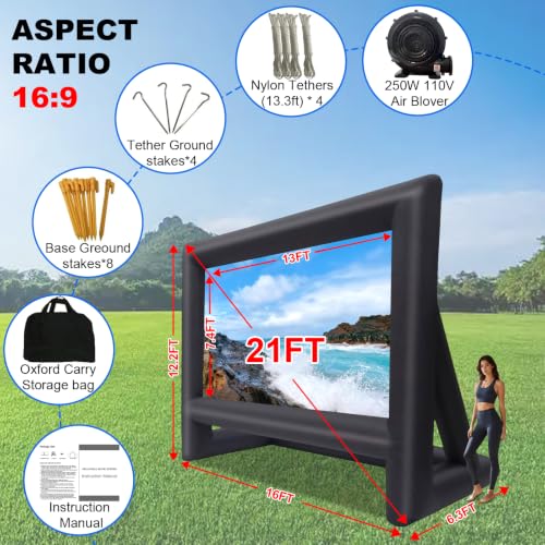 GYUEM 21FT Inflatable Projector Screen Outdoor Movie Screen | Blow Up for Movie Parties Backyard Outside, Air Blower, Carry Bag, Front and Rear Projection, Portable Home Theater, Indoor - size: 21FT